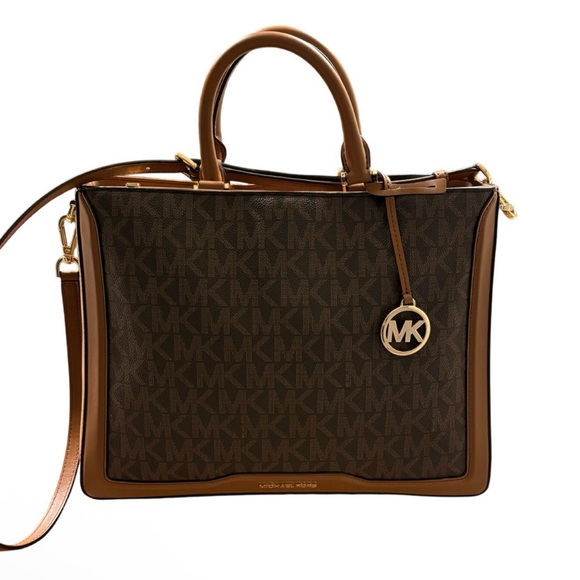 Michael Kors Jessie Large Signature TZ Tote Satchel Shoulder Bag Brown & Tan - Picture 1 of 16